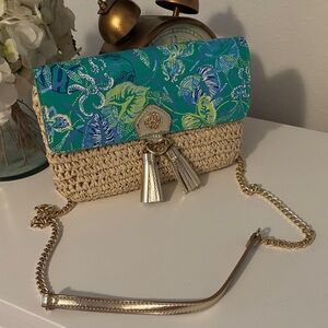 Lilly Pulitzer Woven Crossbody Bag with Blue and Green Floral Flap